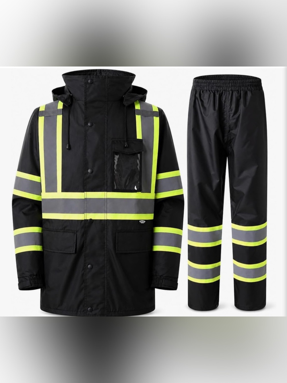Kids High-Visibility Black Rain Jacket & Pants Set w: Reflective Stripes NEW XL